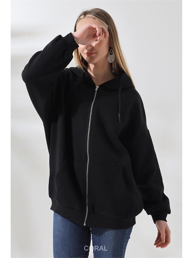 Fermuarlı Kapüşonlu Kanguru Cep Sweatshirt 21618 Siyah