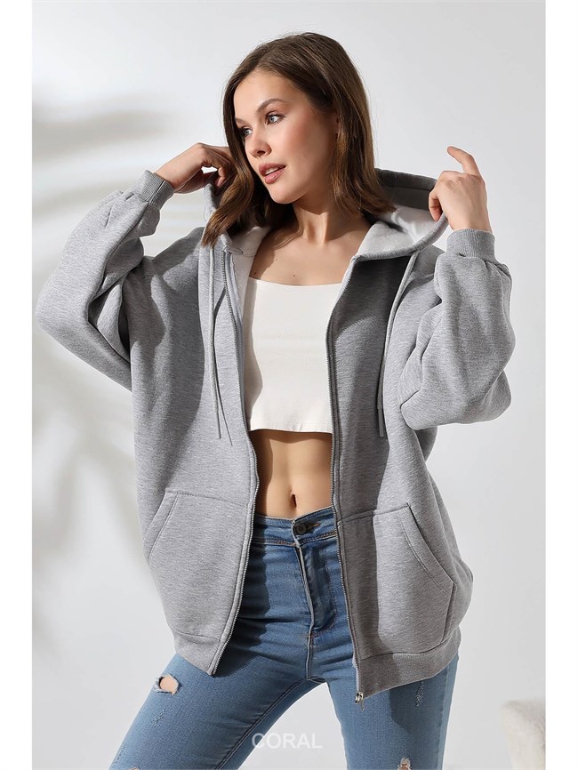 Fermuarlı Kapüşonlu Kanguru Cep Sweatshirt 21618 Gri