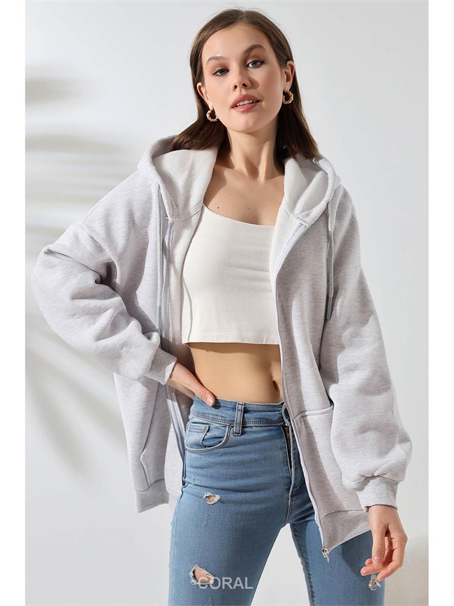 Fermuarlı Kapüşonlu Kanguru Cep Sweatshirt 21618 Açık Gri