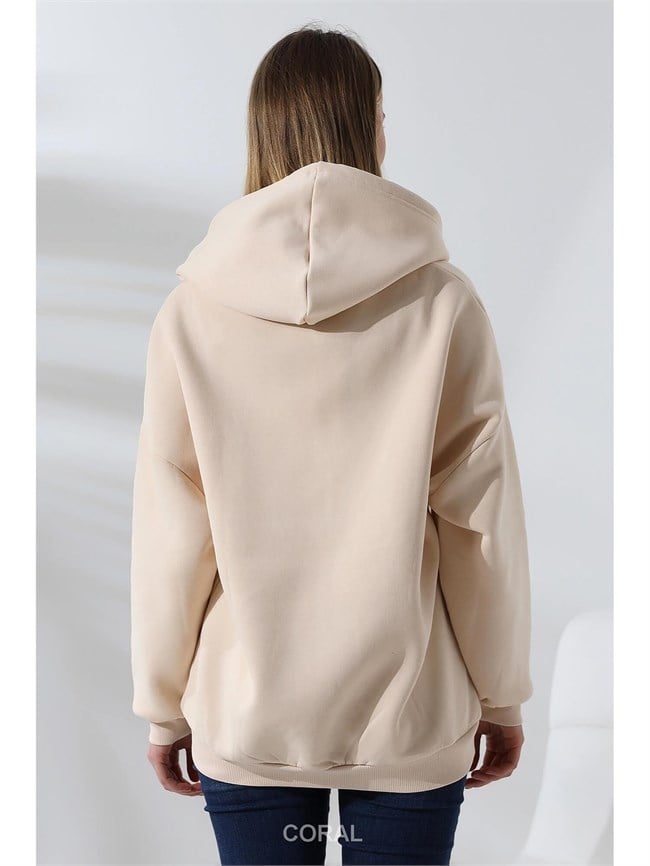 Fermuarlı Kapüşonlu Kanguru Cep Sweatshirt 21618 Taş