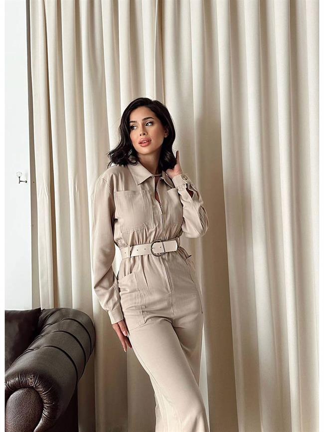 Fermuarlı Kemerli Tulum 6043 Bej