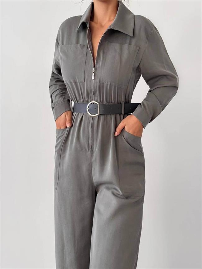 Fermuarlı Kemerli Tulum 6043 Gri