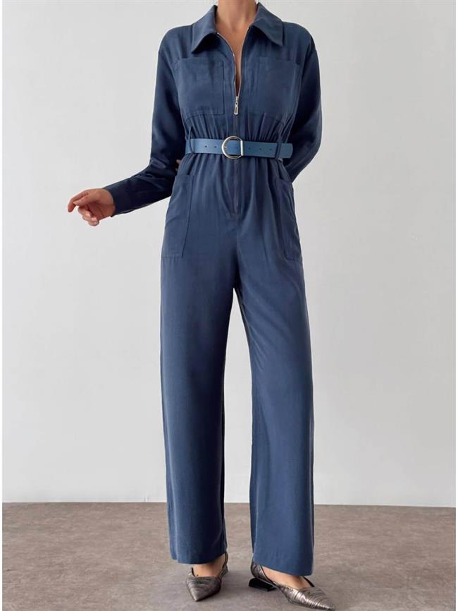 Fermuarlı Kemerli Tulum 6043 Lacivert