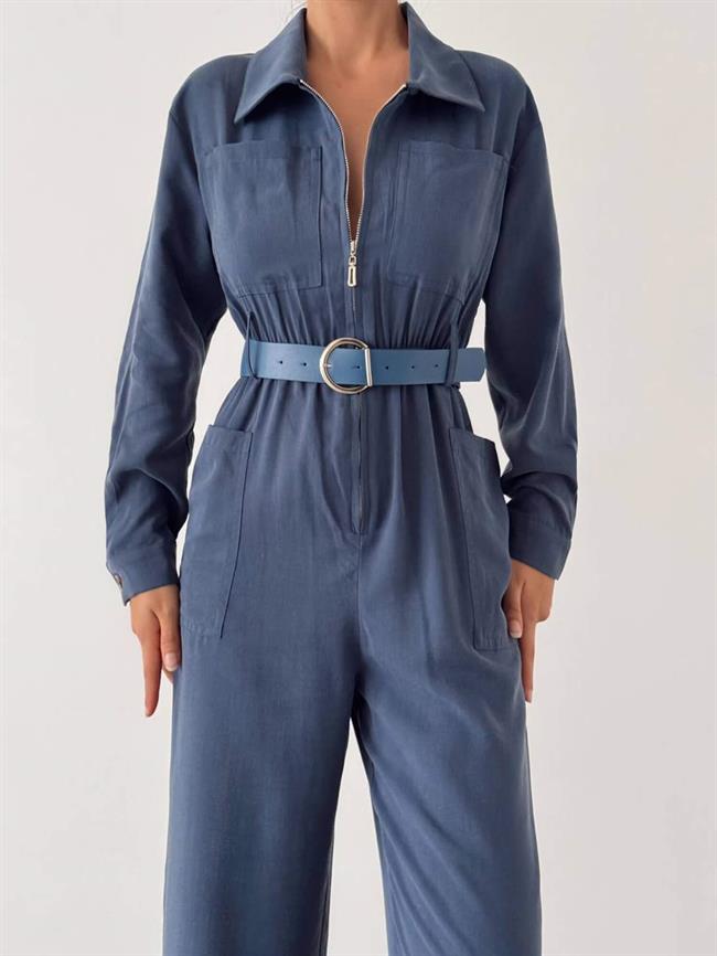 Fermuarlı Kemerli Tulum 6043 Lacivert