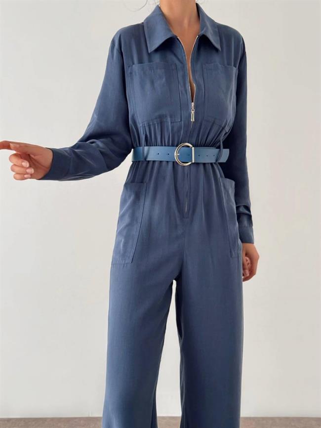 Fermuarlı Kemerli Tulum 6043 Lacivert