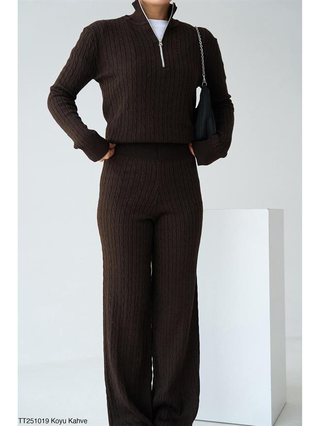 Fermuarlı Triko Takım Tt251019 Kahve