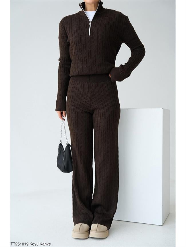 Fermuarlı Triko Takım Tt251019 Kahve