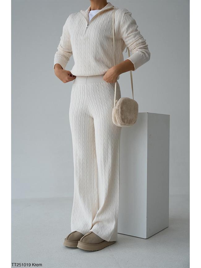 Fermuarlı Triko Takım Tt251019 Krem