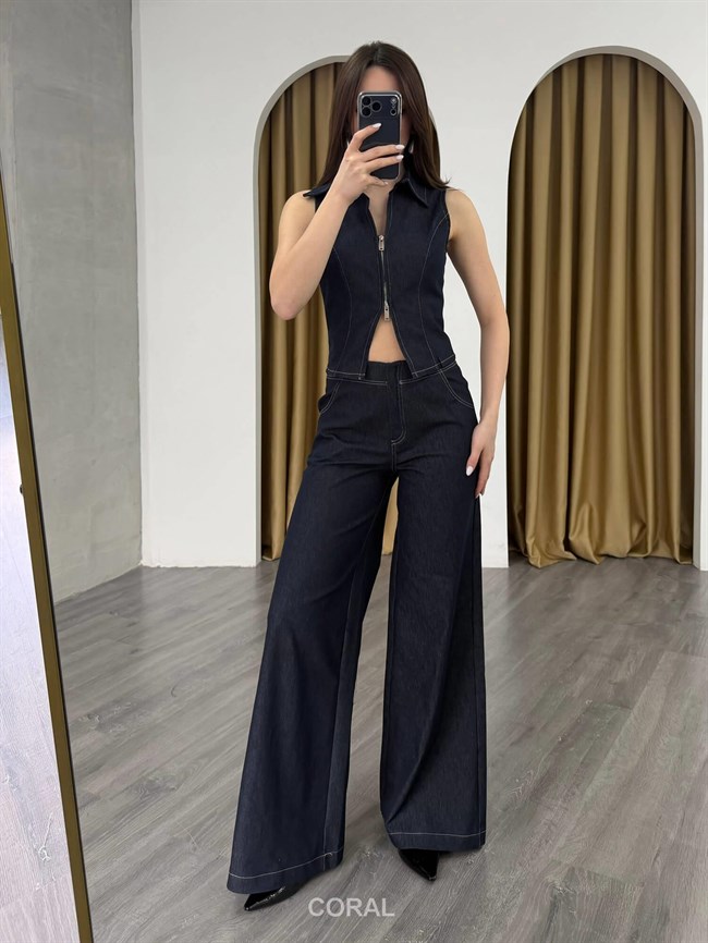 Fermuarlı Yelekli Kot Takım 0928 Lacivert