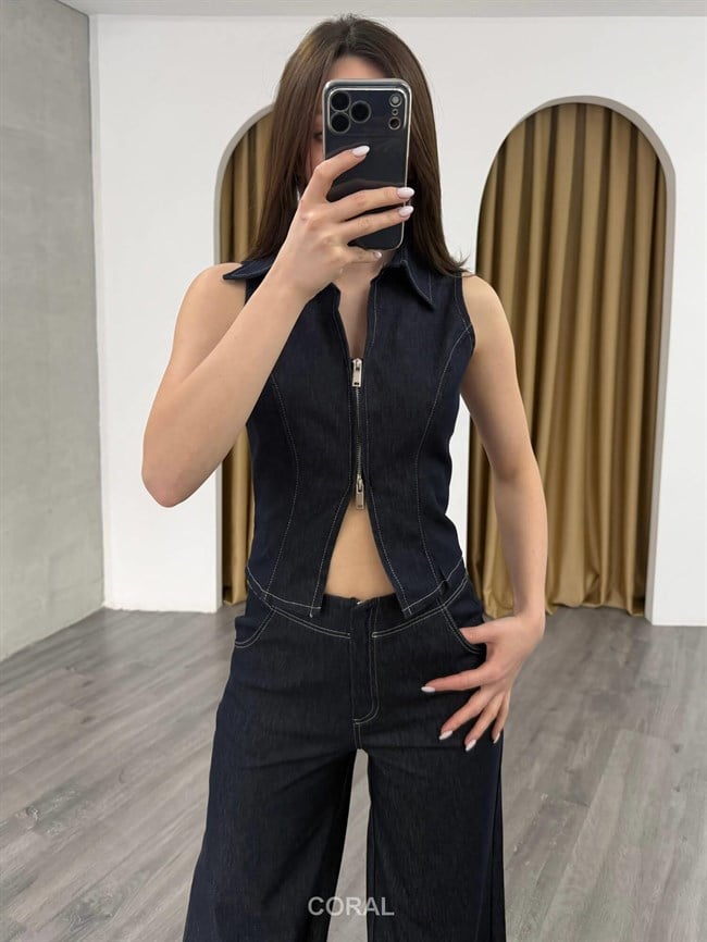 Fermuarlı Yelekli Kot Takım 0928 Lacivert