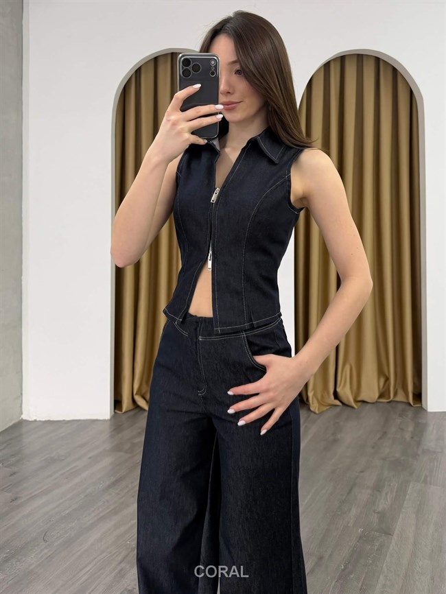 Fermuarlı Yelekli Kot Takım 0928 Lacivert