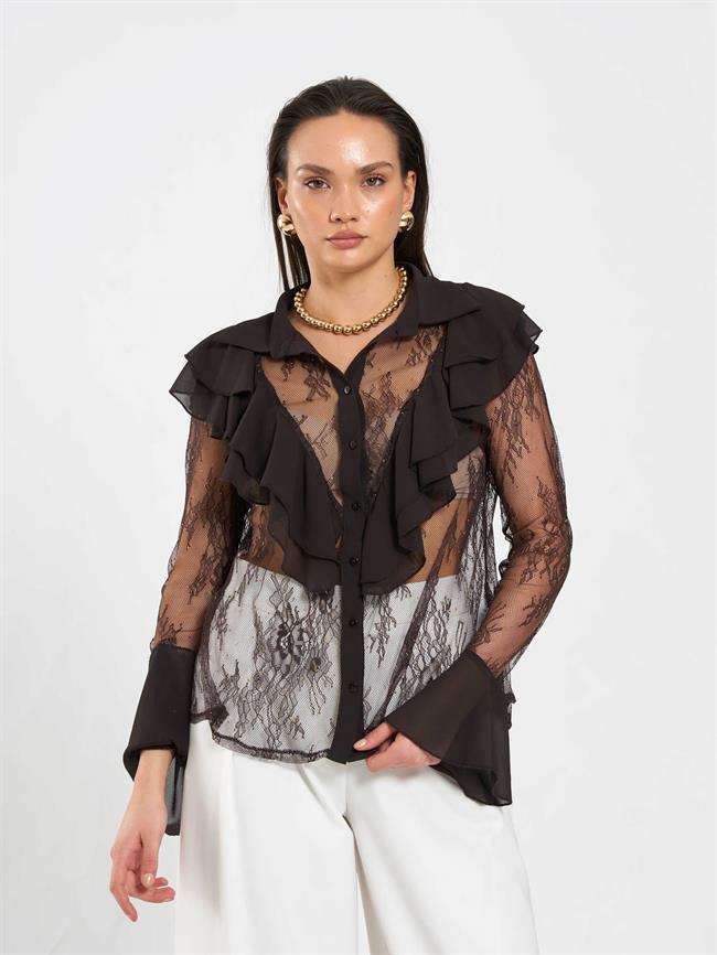 Fırfır Detaylı Dantel Bluz 080791 Kahve
