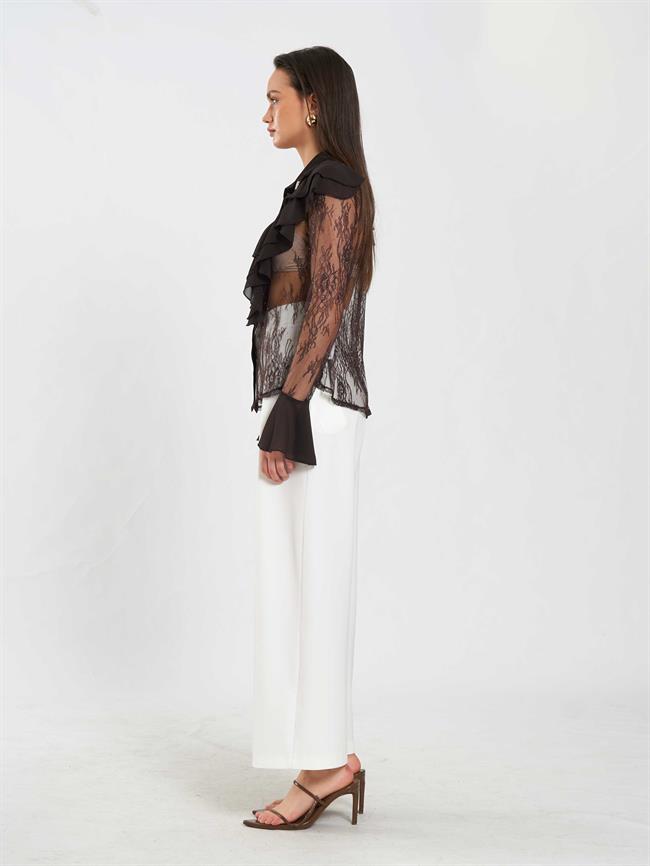 Fırfır Detaylı Dantel Bluz 080791 Kahve