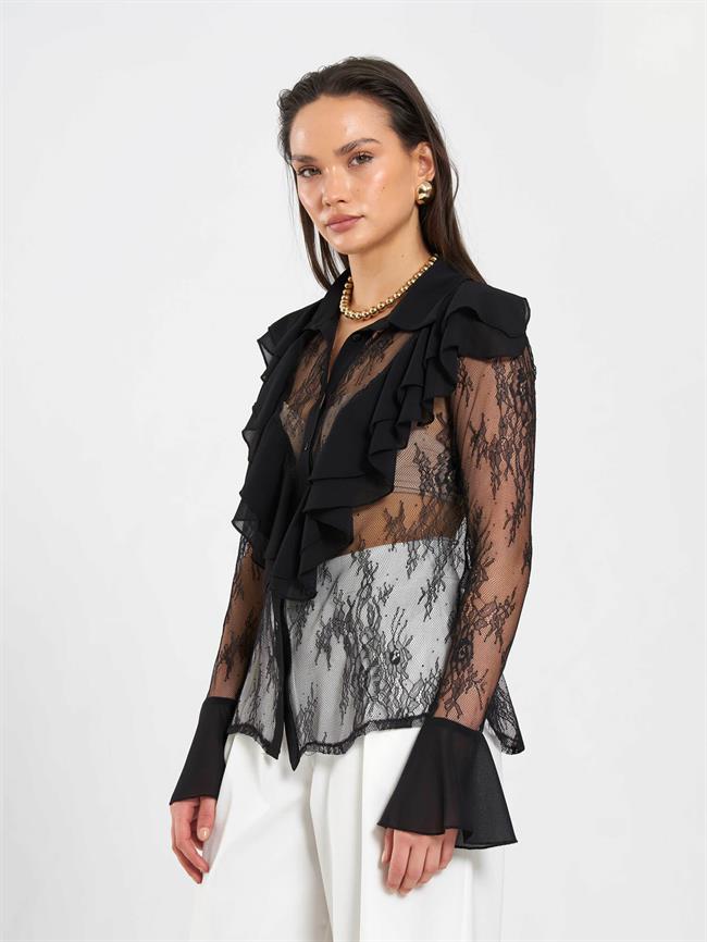 Fırfır Detaylı Dantel Bluz 080791 Siyah