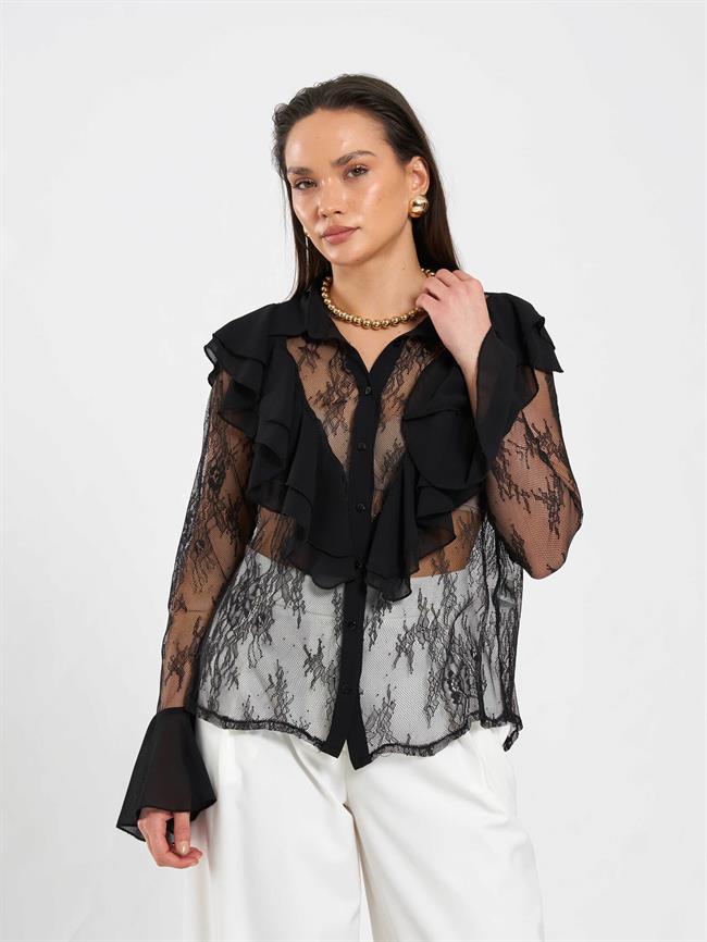 Fırfır Detaylı Dantel Bluz 080791 Siyah