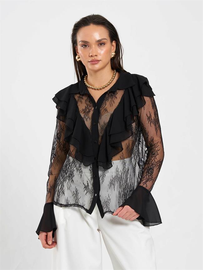 Fırfır Detaylı Dantel Bluz 080791 Siyah