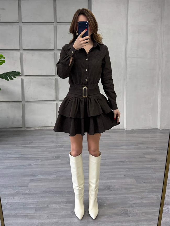 Fırfırlı Kot Elbise 7542 Kahve