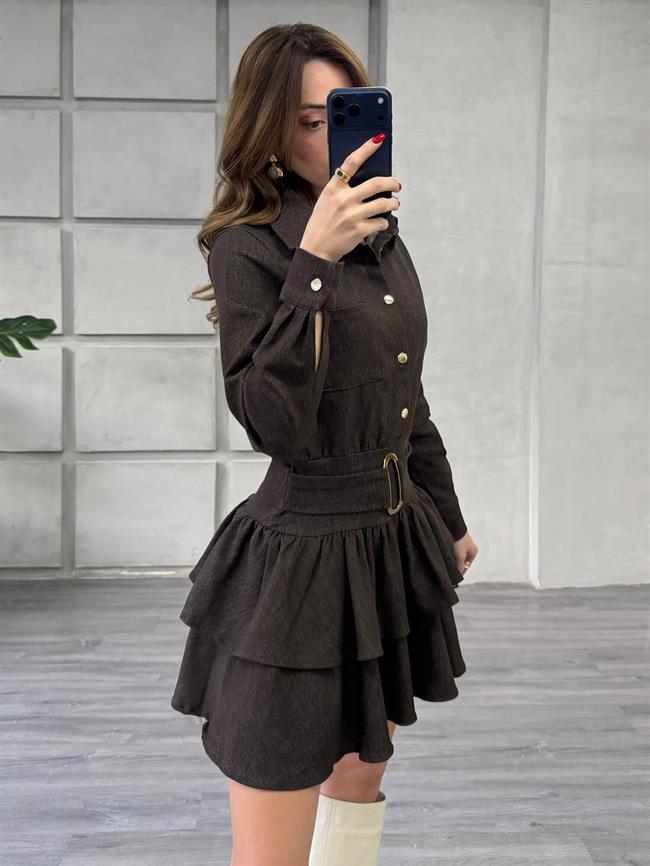 Fırfırlı Kot Elbise 7542 Kahve