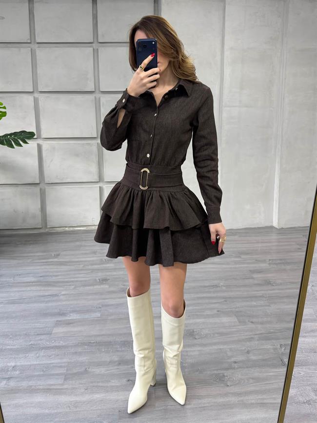 Fırfırlı Kot Elbise 7542 Kahve