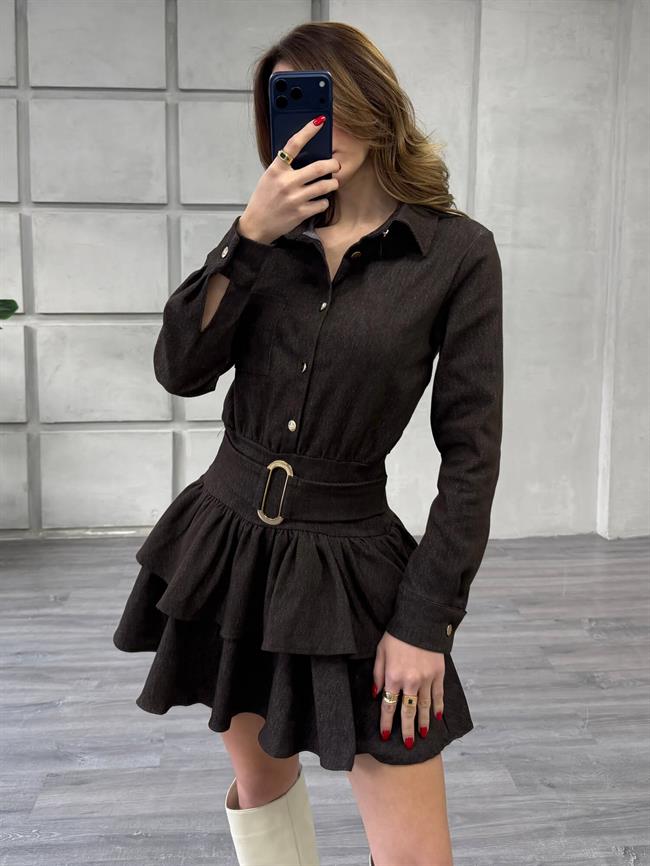 Fırfırlı Kot Elbise 7542 Kahve