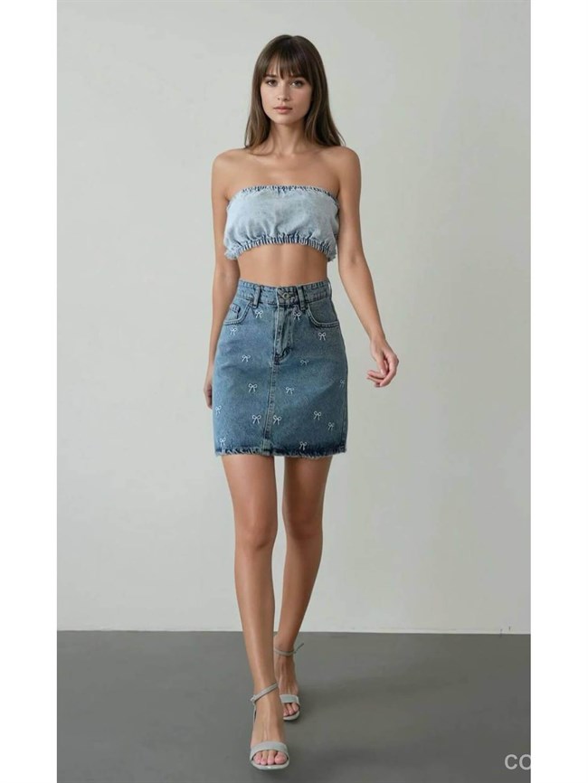 Fiyonk Nakışlı Mini Kot Etek 9023 Mavi