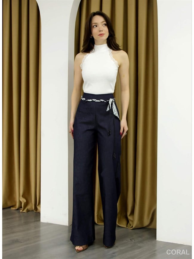 Fular Kemerli Bol Pantolon 11770 Lacivert