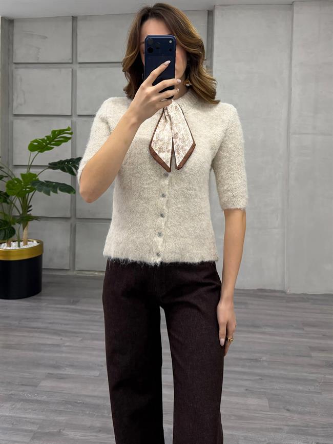 Fularlı Düğmeli Kısa Hırka 3193 Açık Bej