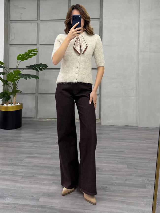 Fularlı Düğmeli Kısa Hırka 3193 Açık Bej