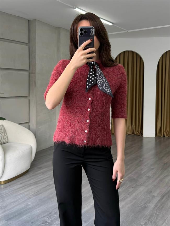 Fularlı Düğmeli Kısa Hırka 3193 Bordo