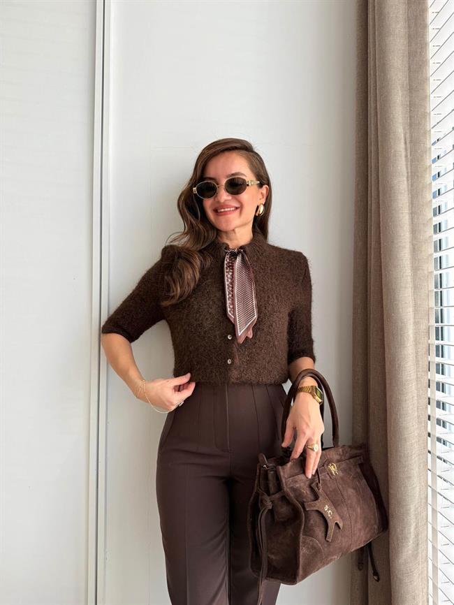 Fularlı Düğmeli Kısa Hırka 3193 Kahve