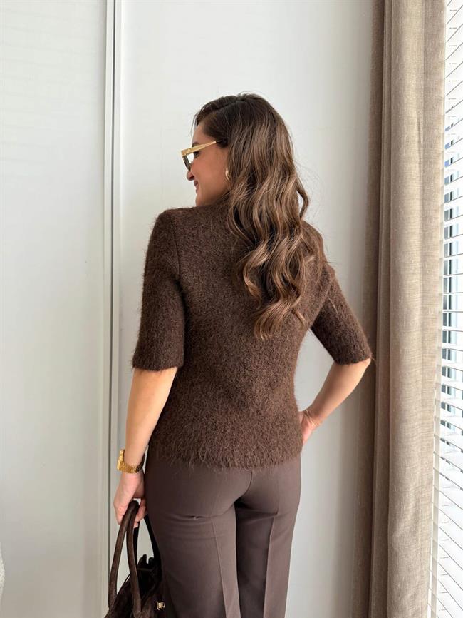 Fularlı Düğmeli Kısa Hırka 3193 Kahve
