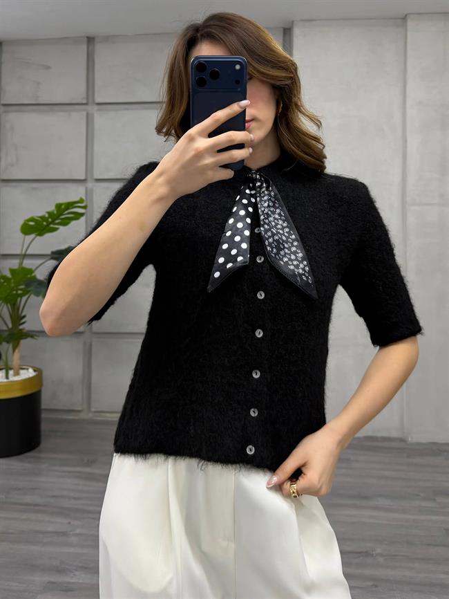 Fularlı Düğmeli Kısa Hırka 3193 Siyah