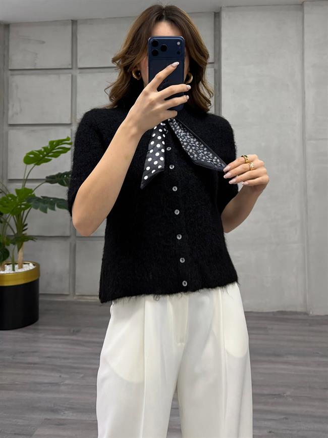 Fularlı Düğmeli Kısa Hırka 3193 Siyah