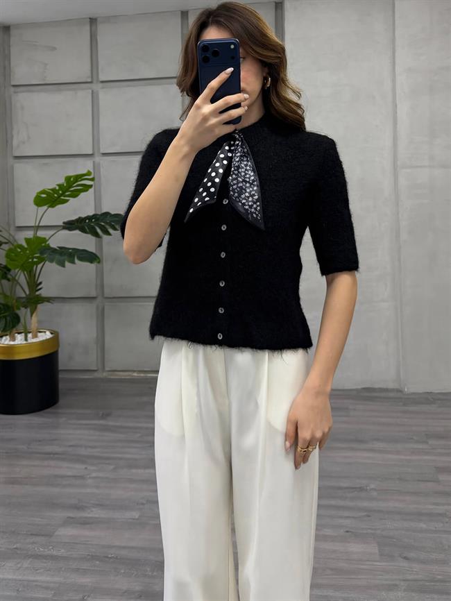 Fularlı Düğmeli Kısa Hırka 3193 Siyah