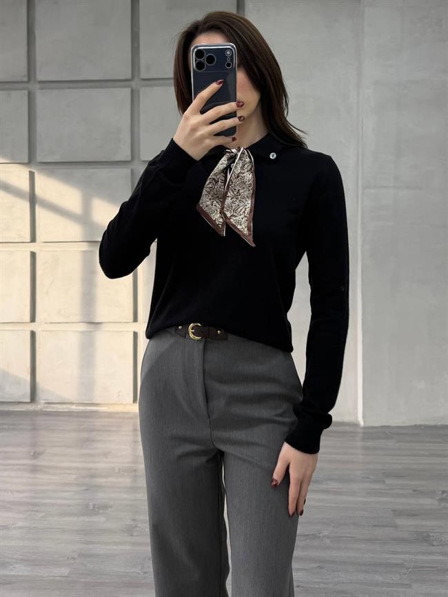 Fularlı Gömlek Yaka Triko 140518 Siyah