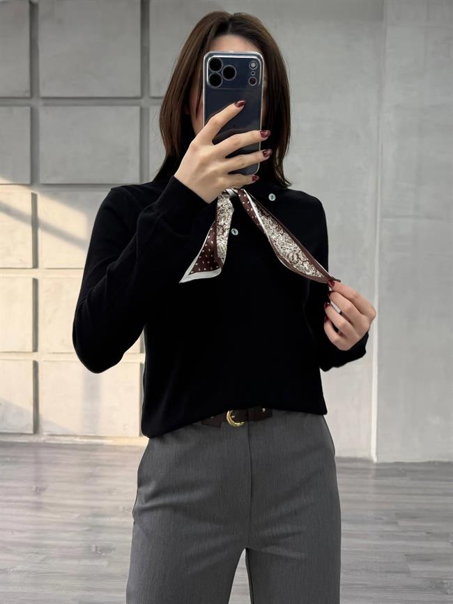 Fularlı Gömlek Yaka Triko 140518 Siyah