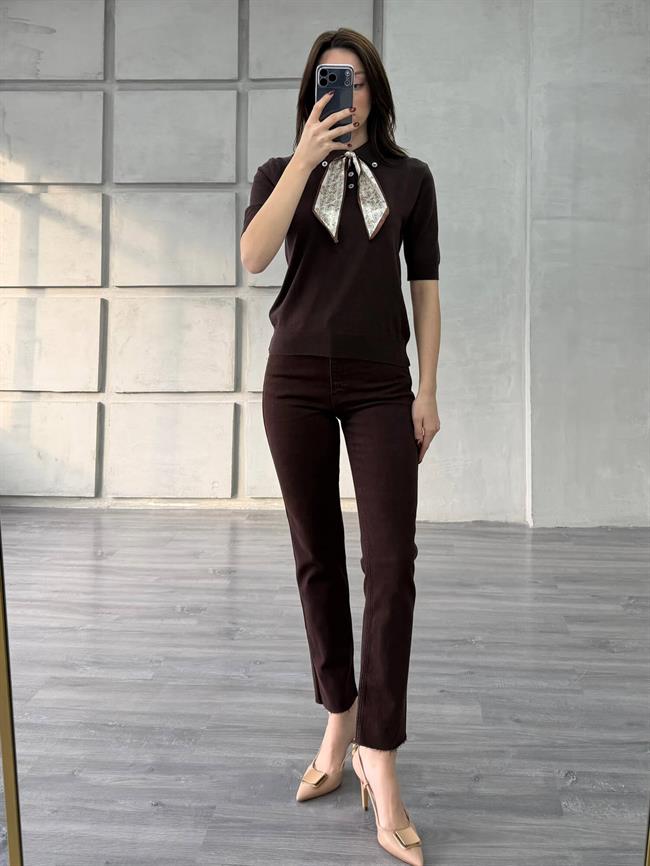 Fularlı Polo Yaka Kazak 140502 Kahve