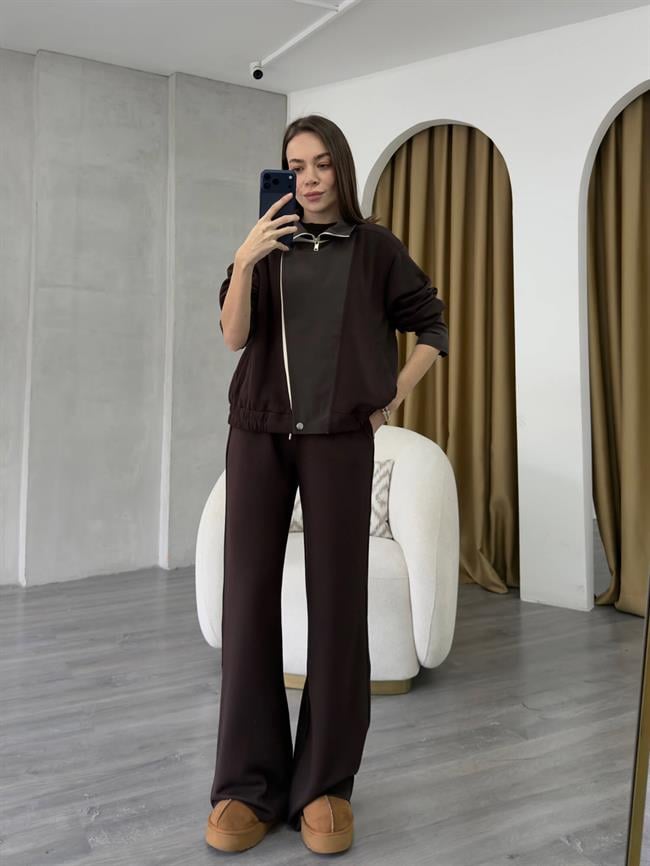 Garnili Ceket Takım 37023 Kahve - Ekru