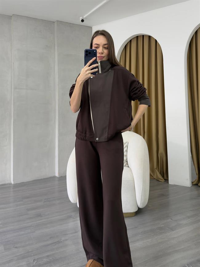 Garnili Ceket Takım 37023 Kahve - Ekru