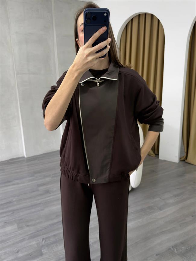 Garnili Ceket Takım 37023 Kahve - Ekru