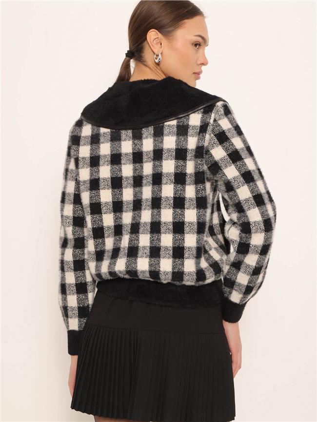 Geniş Yakalı Fermuarlı Kareli Hırka Siyah - Vanilya