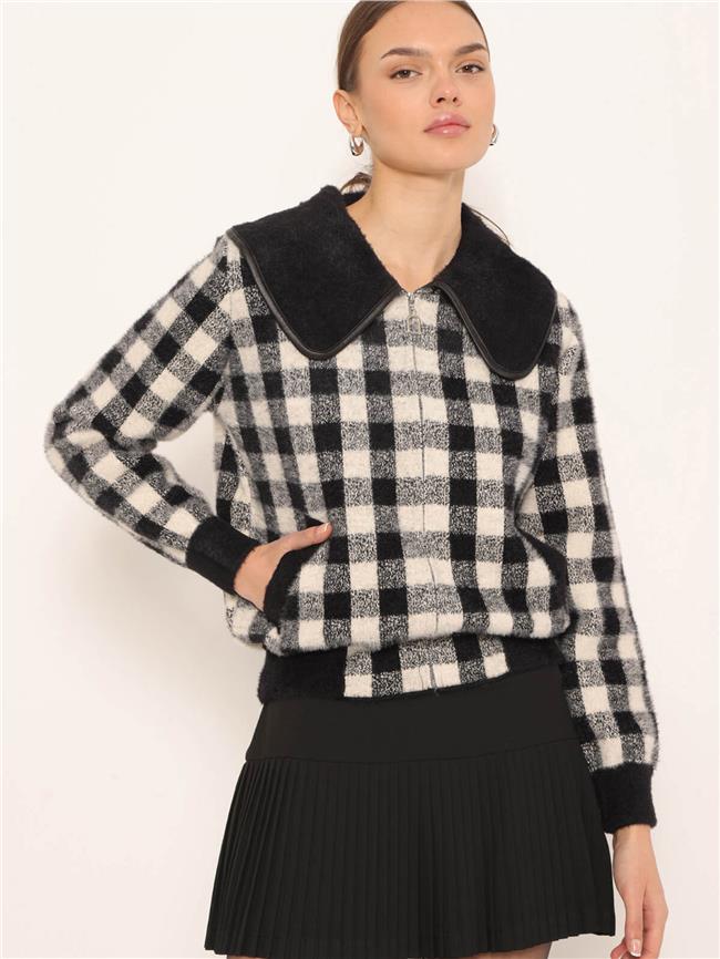 Geniş Yakalı Fermuarlı Kareli Hırka Siyah - Vanilya