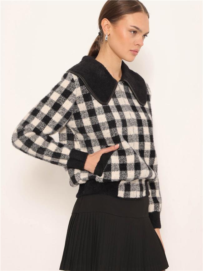 Geniş Yakalı Fermuarlı Kareli Hırka Siyah - Vanilya