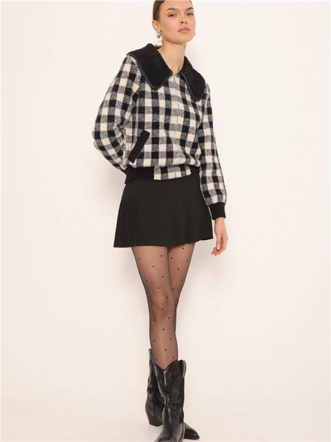 Geniş Yakalı Fermuarlı Kareli Hırka Siyah - Vanilya