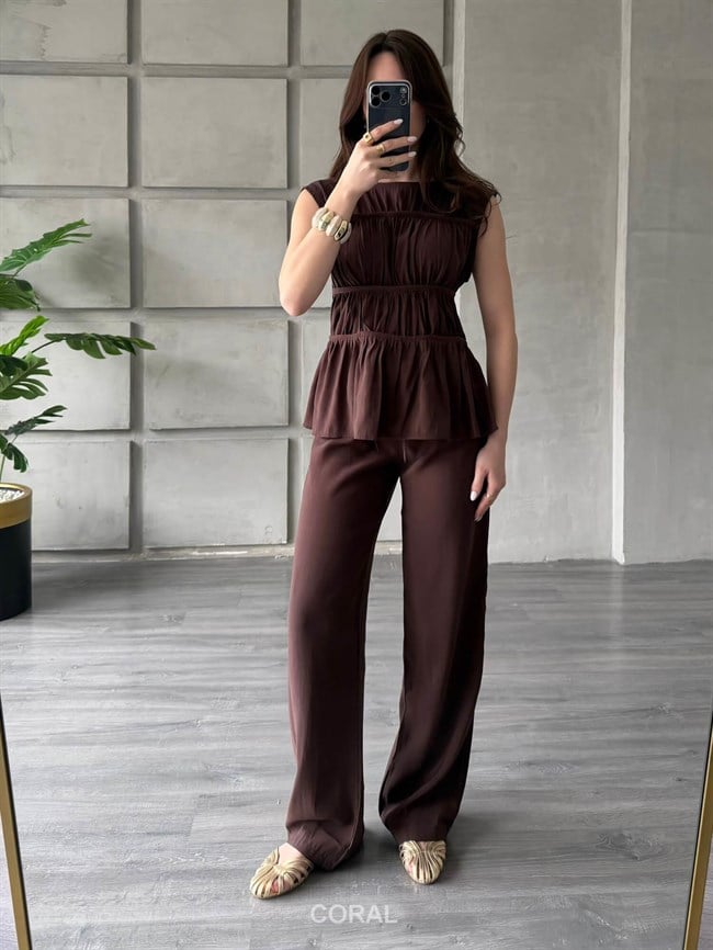 Gipeli Kolsuz Bluz Pantolon Takım 0483 Kahve