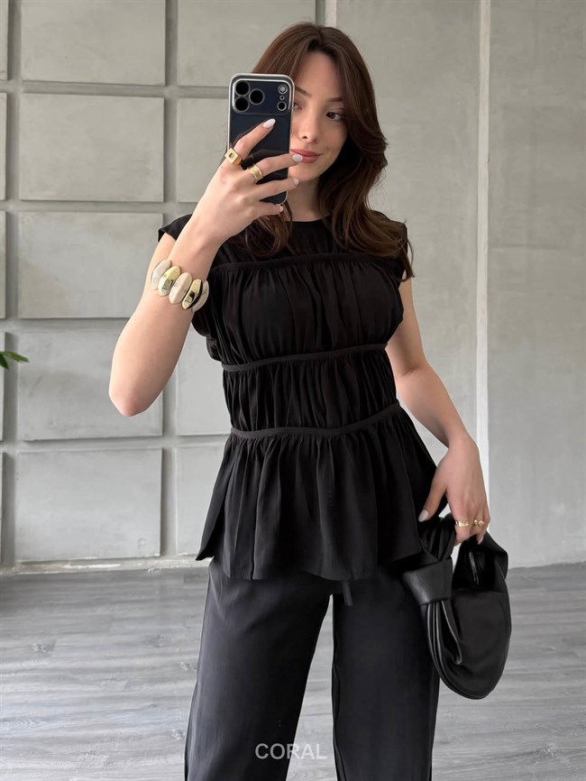 Gipeli Kolsuz Bluz Pantolon Takım 0483 Siyah