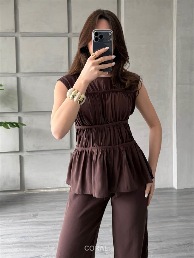Gipeli Kolsuz Bluz Pantolon Takım 0483 Kahve