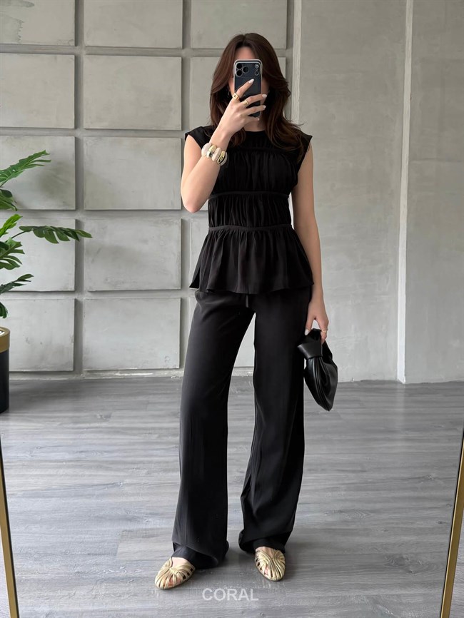 Gipeli Kolsuz Bluz Pantolon Takım 0483 Siyah
