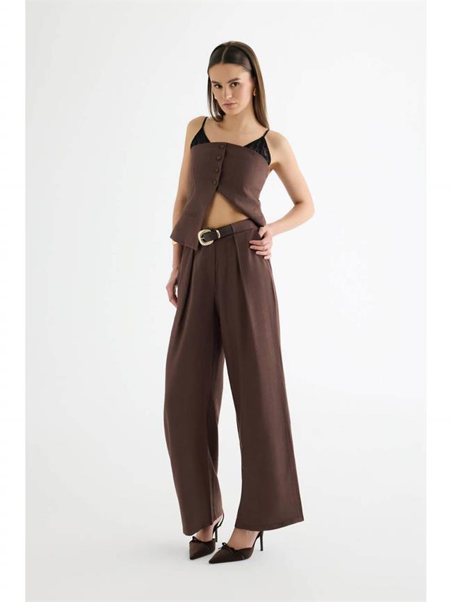 Gizli Kemerli Geniş Paça Pantolon Pnt01413 Kahve