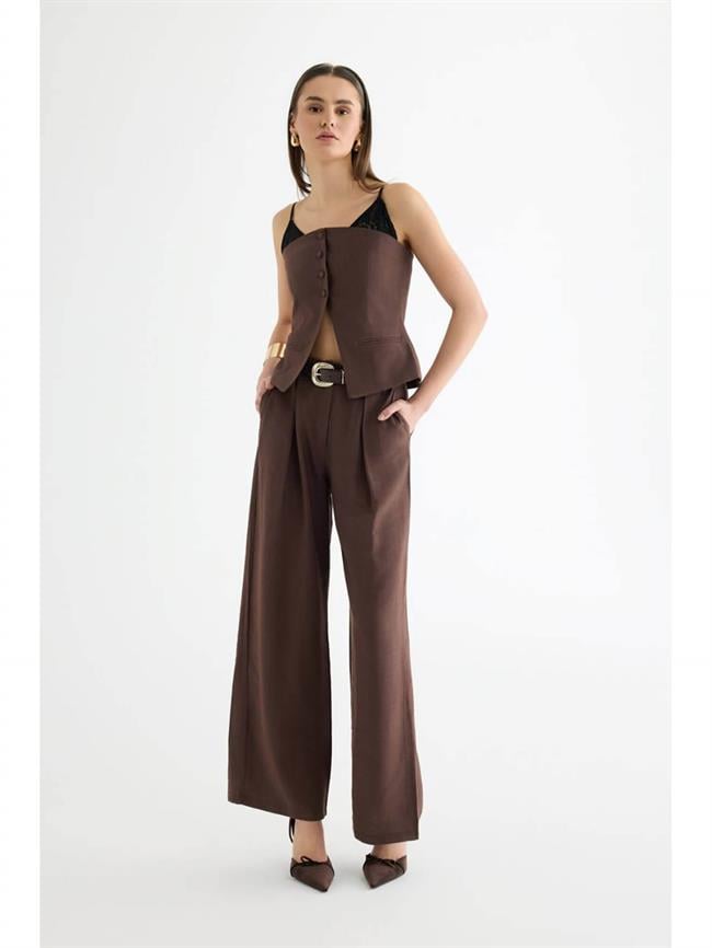 Gizli Kemerli Geniş Paça Pantolon Pnt01413 Kahve
